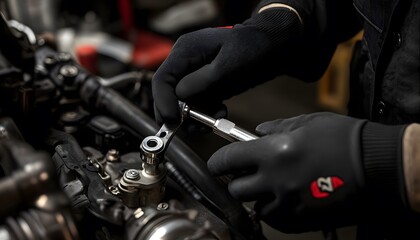 Mechanic using tools to repair a motorcycle engine