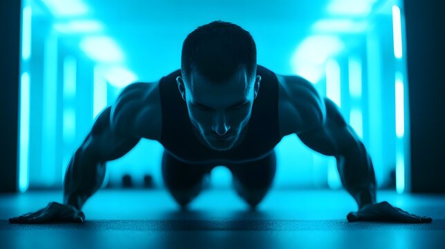 Fit Man Performing Intense Push-Up Workout in Modern Fitness Studio