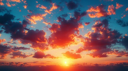 Naklejka premium Vibrant sunset over ocean, fiery cloudscape. Background Calm sea. Use Wallpaper, background