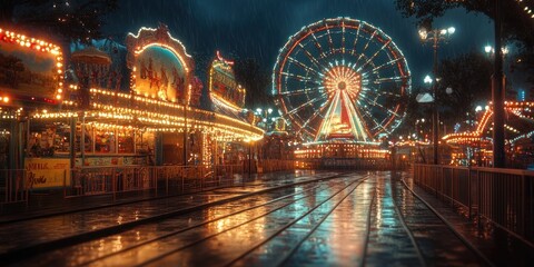 Rainy Night at the Amusement Park: Ferris Wheel and Festive Lights