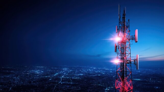 Tower Against Night Sky with Bright Lights Overlooking Cityscape Full of Lights and Connectivity