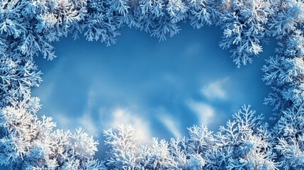 A snowy frame surrounding a serene blue sky, evoking a winter atmosphere.