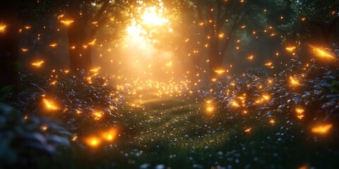 Naklejka premium Enchanted Firefly Forest Path at Sunset