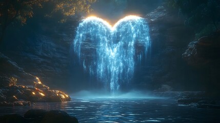 Naklejka premium Glowing Waterfall Heart Creating Mystical and Ethereal Landscape with Celestial Vibes