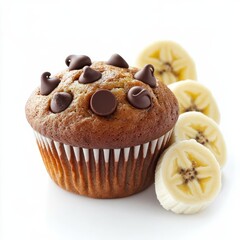 A chocolate chip muffin with banana slices on the side, healthy twist, isolated on white background