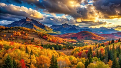 A sprawling mountain range with a vibrant landscape and dramatic sky in the background