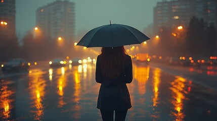 Woman, rainy city street, night, lights, reflection, waiting, urban loneliness, stock photo