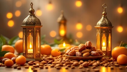 Naklejka premium Ramadan Festive Lantern Dates Almonds Image