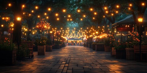 Enchanted Evening Stroll: Illuminated Pathway Through a Festive Night Market