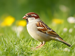 sparrow standing on green grass in sunny meadow, surrounded by flowers