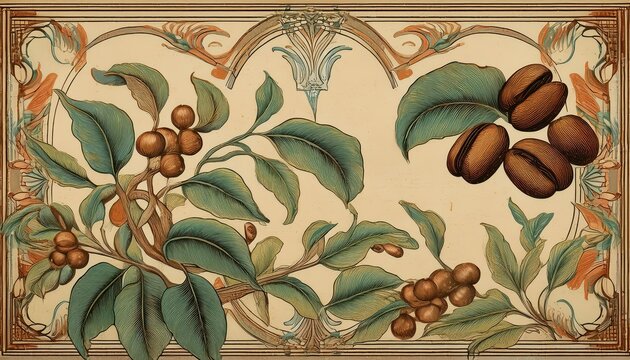 Naklejki Elegant Art Nouveau Wallpaper with Coffee Beans, Vintage Grainy Texture, Illustrating an Enchanting Coffee Shop Scene from the Past