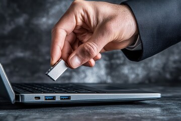 Man in Suit Removing USB Drive from Laptop on Gray Marble Surface, Business Technology Concept, Personal Data Transfer, Professional Work Environment