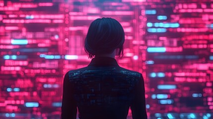 Businesswoman Analyzing Digital Data Streams in Setting,Emphasizing Innovation