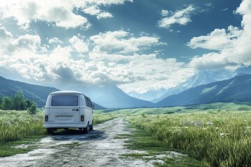 Van parked on mountain road, scenic valley