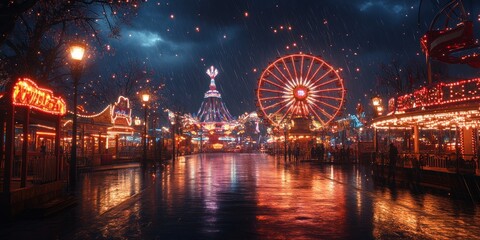 Rainy Night at the Amusement Park: A Dreamy Nightscape