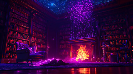 Fototapeta premium Magical Library With Glowing Fireplace and Purple Sparks