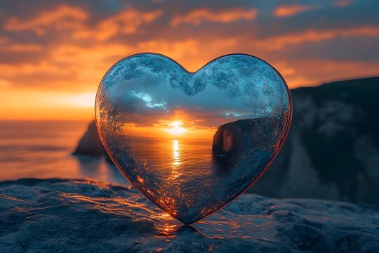 Frozen Heart Shaped Ice Sculpture by the Ocean at Sunset