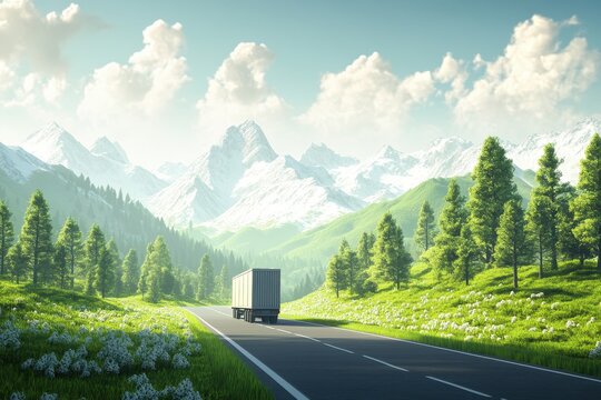 Truck driving scenic mountain road, sunny day
