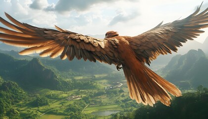 Majestic Brown Bird Soaring Over Lush Green Mountains