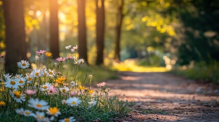 Beautiful Sunlit Pathway Surrounded by Colorful Wildflowers
