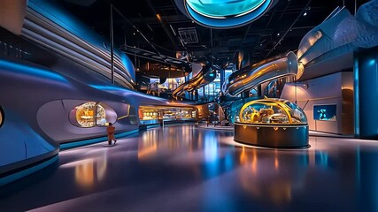 Futuristic science museum interior showcasing interactive exhibits and space exploration themes
