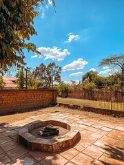 Obraz premium backyard of a house in Bitsojection, Kenya, with red bricks and a concrete floor, a small fire pit, and a fence around the area. It's a sunny day with a blue sky, trees in the background.