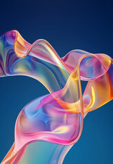 Obraz premium Twisted Geometric Ribbon design, colour, graphic, horizontal, bright, pattern holographic fluid, reminiscent of a silk ribbon, is swirling and flowing against a light blue background 
