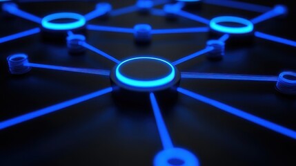 Blue Neon Network Connection on Dark Background with Glowing Circles