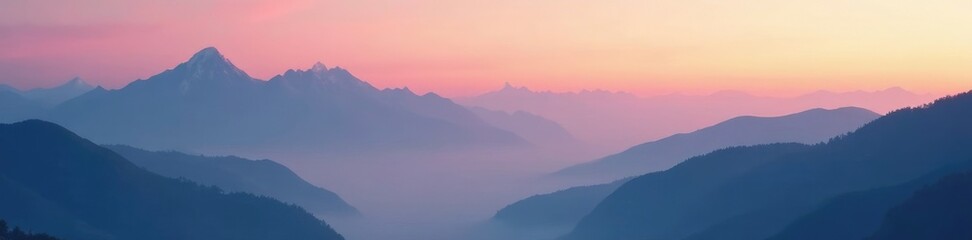 Soft pink clouds drift lazily over mountain peaks at sunset, foggy, mountain