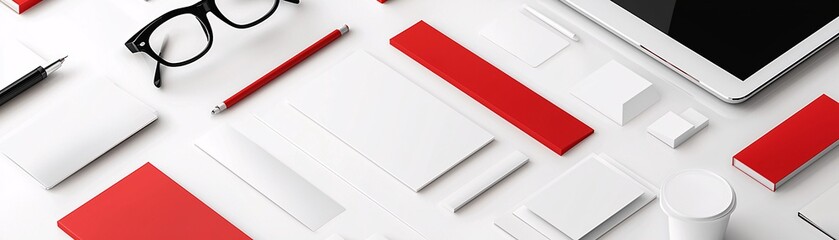 A flat lay of branding materials: business cards, logo samples, a color palette guide, and a tablet.