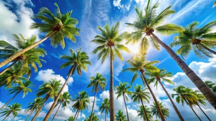 Obraz premium Soaring palm trees against a bright blue sky with fluffy white clouds, driftwood, weathered wood