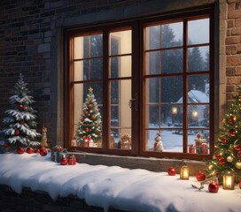Snowy Window Scene with Christmas Decorations, window, holiday