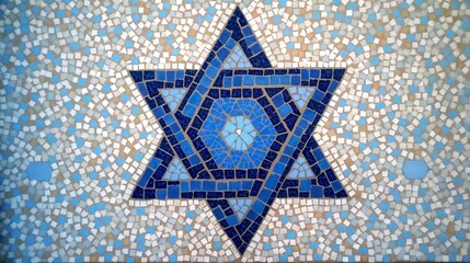 Mosaic artwork featuring a blue and white star of David in a religious space or community center