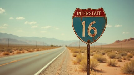 Old interstate 16 sign on a dusty road in a remote desert landscape surrounded by mountains during a clear sunny day