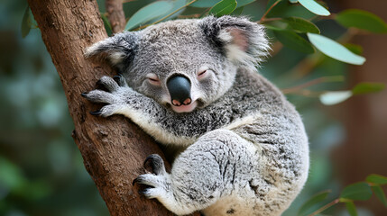 Naklejka premium Adorable Sleeping Koala in Eucalyptus Tree Peacefully Resting in Australian Wildlife Habitat