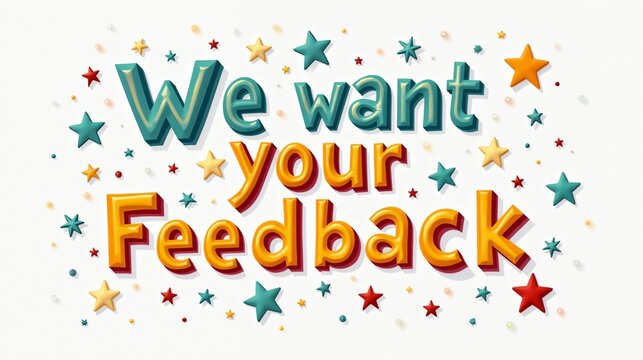 Engaging request for audience opinions with colorful typography and playful star motifs encouraging participation in feedback