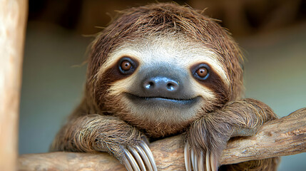 Fototapeta premium Happy sloth portrait, rainforest background, wildlife conservation