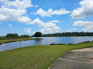 Beautiful landscape of a pond and blue sky 