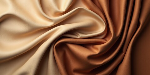 Fototapeta premium Close-up of beige-brown fabric: smooth, elegant texture with a warm, glowing sheen reflecting light delicately