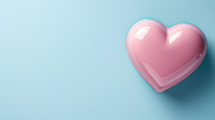 Glossy Light Pink Heart on Powder Blue Background, Minimalist Valentine's Day Concept