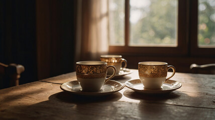 Fototapeta premium Cup of coffee on wooden table, generative ai