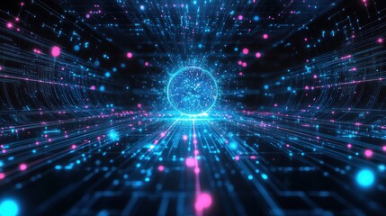 Fototapeta premium Digital tunnel with glowing particles and energy