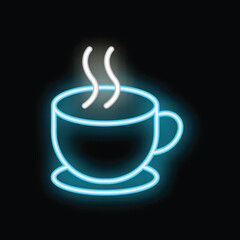 Blue neon sign depicting a steaming hot cup of coffee, set against a black background, perfect for conveying concepts of cafes, beverages, and nightlife