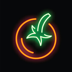 Bright neon sign representing a tomato, glowing in the dark