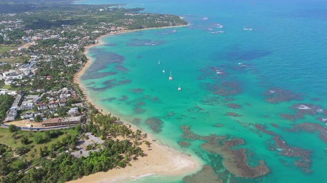 Playa Punta Popy beach, Las Terrenas in Dominican Republic. Aerial drone panoramic view