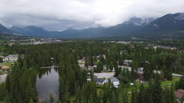 Drone shot of Canmore, AB a mountain town in Rockies