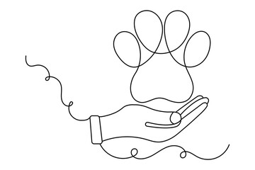 Dog paw continuous single line art and isolated outline vector design
