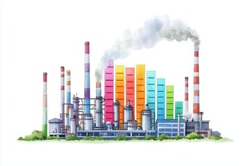 Obraz premium Vibrant factory with smokestacks and colorful data bars.