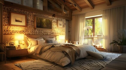 Dark bedroom interior with lights, mockup and cozy comfortable bed with glass window