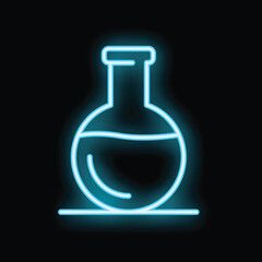 Neon blue icon of a round bottom flask glowing on a black background